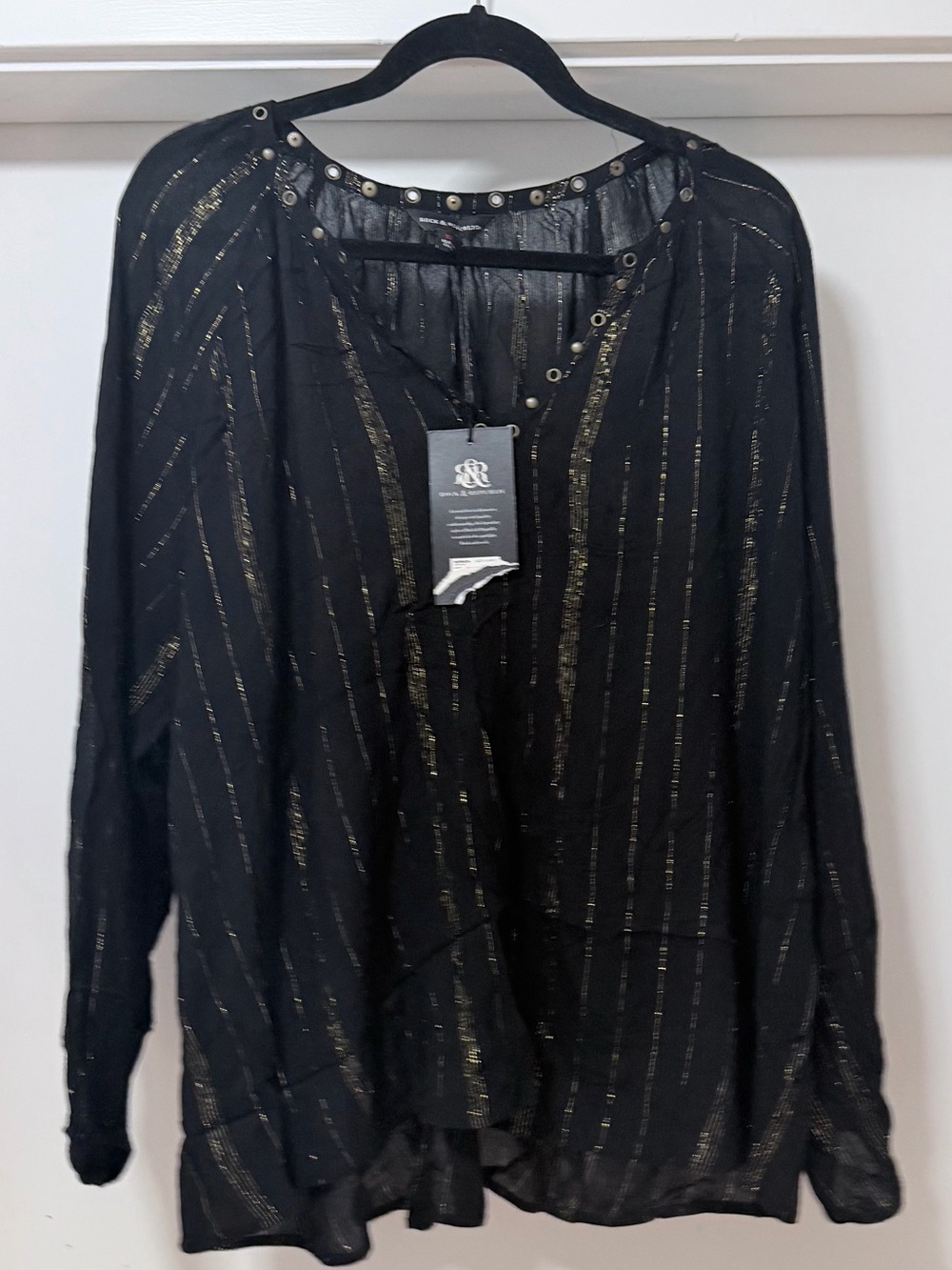 Rock & Republic Black Blouse with Gold Metallic Stripes